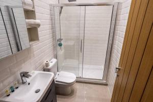 een badkamer met een douche, een toilet en een wastafel bij Studio Coastal Escape Apartment 2 in Christchurch