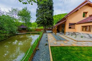 a house with a pond in the yard at Casa Edelweiss in Baia Mare