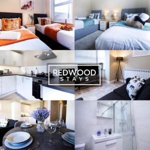 a collage of photos of a bedroom and a hotel room at 2 Bedroom 1 Bathroom Town Center Apartment With FREE Parking By REDWOOD STAYS in Basingstoke