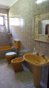 a bathroom with a sink and a toilet and a mirror at Quinta da Lage in Barcelos +28 photos