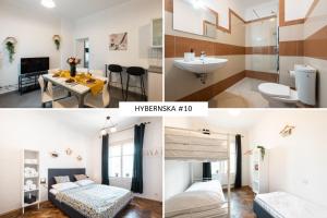 a collage of four pictures of a room at Hybernska Apartments in Prague