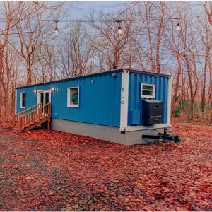 a blue tiny house on a pile of leaves at Camptel Poconos Lodging in Albrightsville