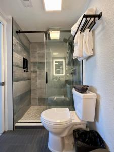 a bathroom with a shower and a toilet and a glass shower stall at Rooftop Terrace 2 Bedroom Tangerine Suite - Perfect View, Central Location in Orlando