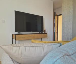 uma sala de estar com uma televisão e um sofá em Résidence Casamea, charmant T2 em Talasani