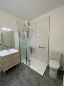 a bathroom with a shower and a toilet and a sink at Maison Quebec in Bernières-sur-Mer