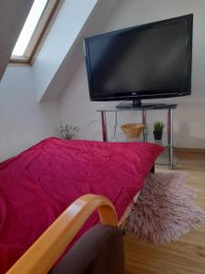 uma sala de estar com uma grande televisão de ecrã plano em Jasne słoneczne mieszkanie niedaleko lotniska em Gdansk