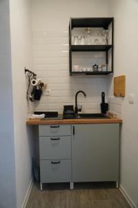 cocina con fregadero y encimera en Comfortable Apartment & Studio in Village Centre, en Komen