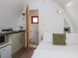 ein Schlafzimmer mit einem Bett und einem Waschbecken in einem Zimmer in der Unterkunft Pod No 19 in Keswick