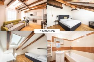 a collage of photos of a bedroom and a living room at Hybernska Apartments in Prague