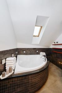 a large bathroom with a large tub and a skylight at Apartament Chłodna 6A in Suwałki