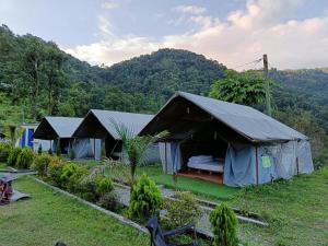 two tents in a field with mountains in the background at Gypsy Hostel & Backpackers in Pokhara