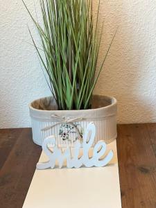 a potted plant sitting next to a sign that says smile at Fewo 3 in Gotha