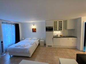 una grande camera con due letti e una cucina di JOY06 Mango Spirit Suites a Neuchâtel