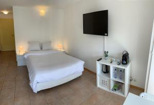 Schlafzimmer mit einem Bett und einem Flachbild-TV in der Unterkunft Mango Spirit Suites in Neuenburg