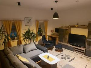 uma sala de estar com um sofá e uma televisão em Apartment Sonne&Luft em Bad Bleiberg