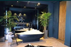 a bathroom with a bath tub with two potted plants at Shades of Cluj Napoca in Cluj-Napoca