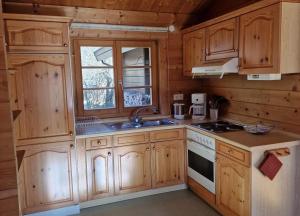 a kitchen with wooden cabinets and a sink at Ferienhaus Neckar 34 in Hayingen