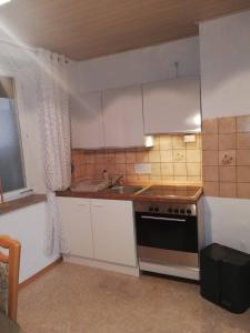 een keuken met witte kasten, een wastafel en een fornuis bij Gartenland Gela in Kitzingen