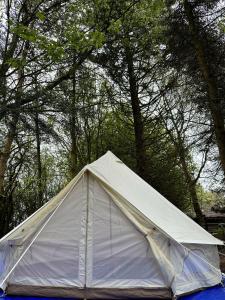 a white tent sitting in front of some trees at WoodLands Basic Bell Tent in Grantham
