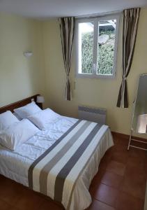 Un dormitorio con una cama grande con ventana. en RÉSID'AZUR APPARTEMENT T2-PMR- Piscine privée, en Saint-Jean-de-Monts