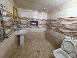 a bathroom with a toilet and a sink and a tv at Luxury Forestside Villa in Quba