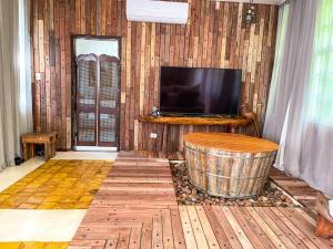 a living room with a tv and a wooden wall at Confraria Colonial Hotel Boutique in Mairinque
