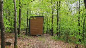 un cobertizo de madera en medio de un bosque en POP Tiny House Mátra, en Mátraszentimre