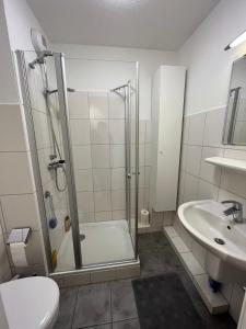 La salle de bains est pourvue d'une douche, de toilettes et d'un lavabo. dans l'établissement Ferienwohnung Sailing, à Schausende