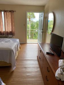 um quarto com uma cama e uma televisão numa cómoda em Jasmine Garden Inn - Lake City em Lake City