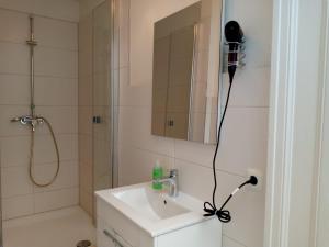 La salle de bains est pourvue d'un lavabo et d'une douche. dans l'établissement Apartments City Center 8, à Hambourg