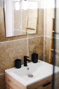 a bathroom sink with two black cups on it at Studio avec parking vue sur la Cité de Carcassonne in Carcassonne