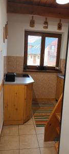 eine Küche mit einer Spüle und einer Arbeitsplatte in der Unterkunft Chata na Plantáži in Habovka