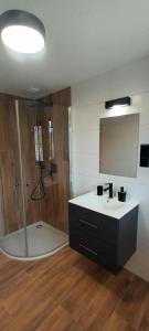 W łazience znajduje się umywalka i prysznic. w obiekcie Chata na Plantáži w Habówce