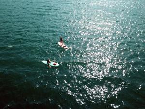 2 personnes sur des planches de surf dans l'océan sur l'eau dans l'établissement Lovely holiday home near centre, à Wustrow