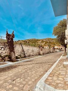 een lege straat met een stenen muur en een boom bij Parthenis Apartment 2 in Pythagoreio