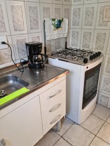 a kitchen with a stove top oven next to a sink at Seu Cantin em BH Venda Nova in Belo Horizonte