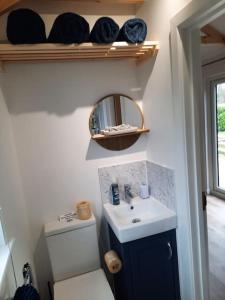 een kleine badkamer met een wastafel en een spiegel bij Beautiful Cabin near Padstow in Padstow +40 foto's