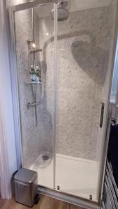 een douche met een glazen deur in een badkamer bij Beautiful Cabin near Padstow in Padstow