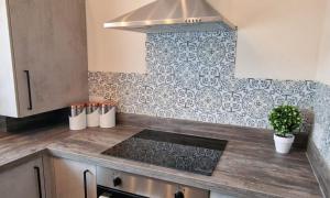 a kitchen with a sink and a tile wall at Luxury Family Apartment- Close to Leicester University in Leicester