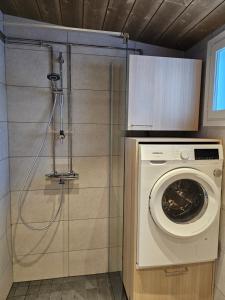 レヴィにあるLevilehto Apartmentsの小さなバスルーム(洗濯機、乾燥機付)