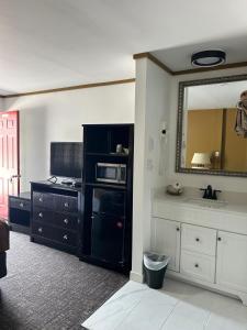 a bathroom with a sink and a mirror at NORTHERN MOTEL in Sault Ste. Marie