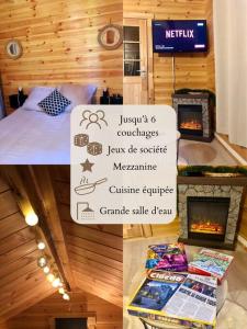 eine Collage mit Bildern eines Zimmers mit einem Bett und einem Kamin in der Unterkunft Le Chalet avec jacuzzi privatif in Nargis