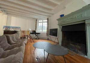 ein Wohnzimmer mit einem Sofa und einem Kamin in der Unterkunft Villa Julia Marie in Saint-Valéry-en-Caux