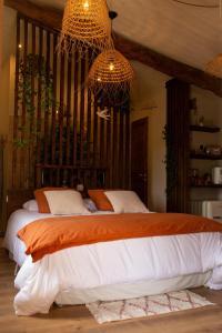 a bedroom with a large bed with a chandelier at Mas de l'Amme in Valréas +99 photos