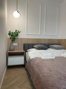 a bedroom with a large bed with a night stand at Imperial Citi Apartament in Kraków