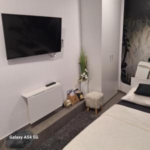 a bedroom with a flat screen tv on the wall at Studio apartmani Louis i Lola in Zagreb