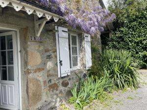 ein altes Steinhaus mit einem Fenster und lila Blumen in der Unterkunft Studio indépendant avec jardin privatif in Le Lorey