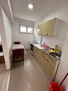 una pequeña cocina con fregadero y mesa en Babici 3 en Hiseti
