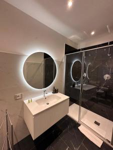 La salle de bains est pourvue d'un lavabo et d'une douche. dans l'établissement Villa Iris, à Modène