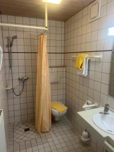 een badkamer met een douche, een toilet en een wastafel bij Hotel Cronberger Hof in Ladenburg